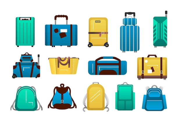 Equipaje Dibujos animados viaje maletas de plástico y aeropuerto viaje equipaje viaje turístico mochila bolsas y colección de casos Maleta de vuelo vectorial plana aislada sobre fondo blanco conjunto