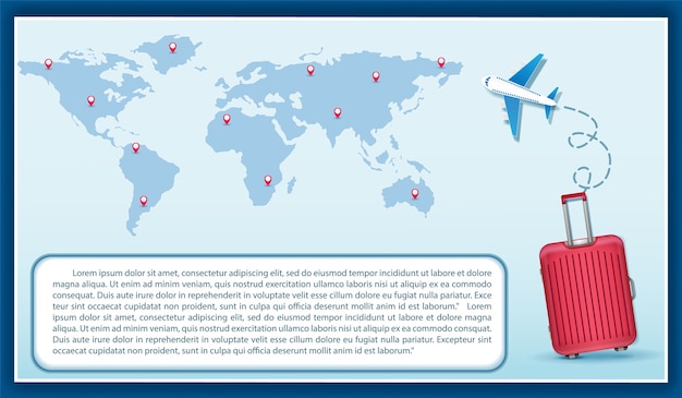 Equipaje mapa de avión en el punto concepto de viaje mapa del mundo