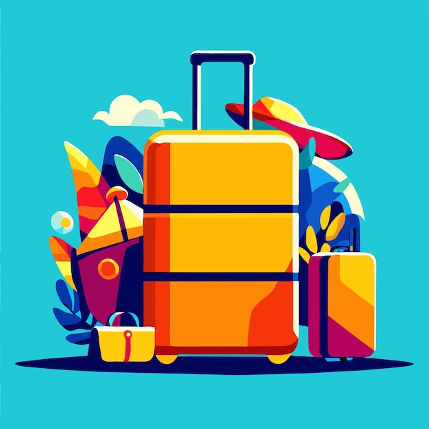 Vector equipaje de viaje concepto de diseño de dibujos animados de color con bolsa de viaje abierta llena de prendas de vestir y playa
