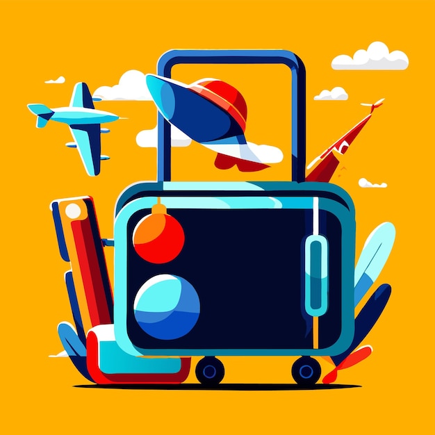 Vector equipaje de viaje concepto de diseño de dibujos animados de color con bolsa de viaje abierta llena de prendas de vestir y playa