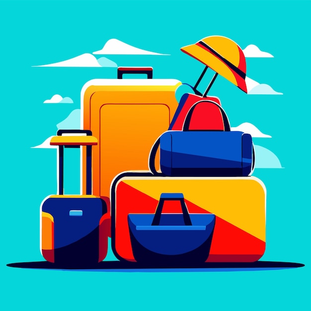 Equipaje de viaje concepto de diseño de dibujos animados de color con bolsa de viaje abierta llena de ropa
