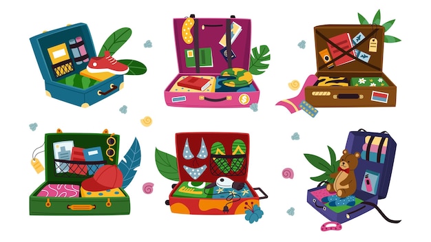 Equipaje de viaje Maleta abierta Turistas empacan Bolsa de pasajeros Prepararse para las vacaciones de verano en la playa Cosas esparcidas Documento del pasaporte Empacar ropa Equipaje vectorial de viaje