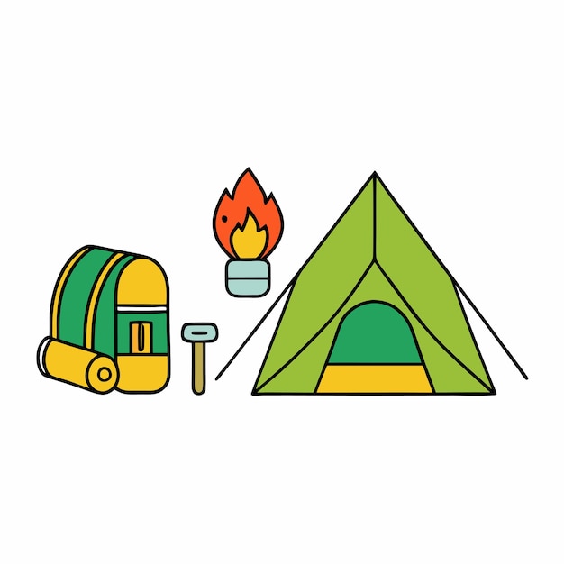 Equipamiento de acampada Iconos de tienda de campaña mochila y fogata