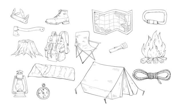 Equipamiento para acampar grabado de ilustración dibujado a mano