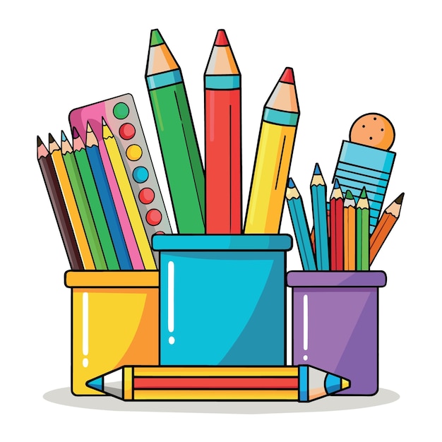 Vector equipamiento de coloreo para adultos y niños escolares lápiz de color sobre fondo de papel blanco con copia sp