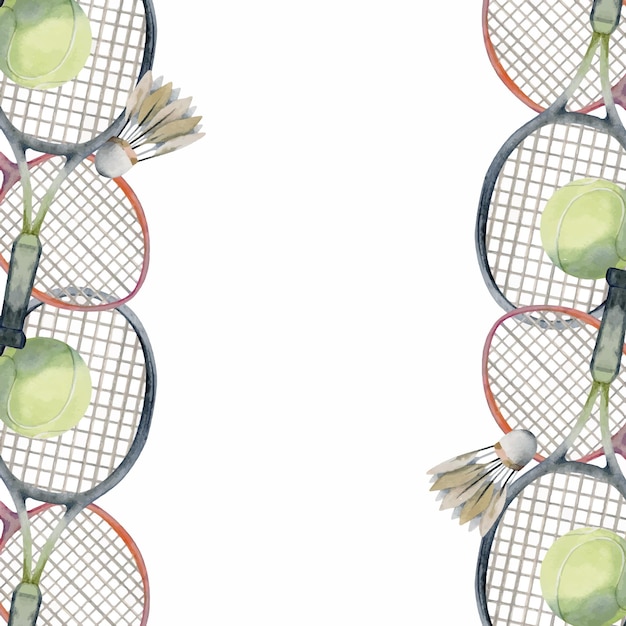 Equipamiento deportivo de acuarela dibujado a mano raqueta de pelota de bádminton de tenis estilo de vida de fitness de salud Ilustración marco de borde aislado en fondo blanco Diseño de cartel web de impresión tienda de tarjetas