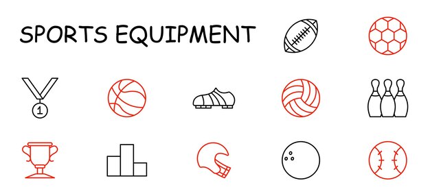 Equipamiento deportivo conjunto icono Medalla de baloncesto tacos de voleibol rugby boliche trofeo podio casco pelota de béisbol premio equipo deportivo juego competencia de fitness partido ejercicio
