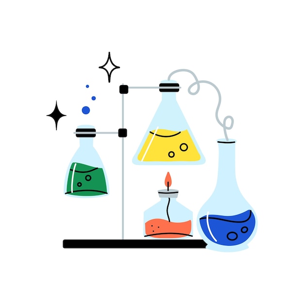 Equipamiento de laboratorio artículos de vidrio de laboratorio reactivos químicos en botellas de vidrio y tubos y frascos de descanso herramientas de investigación científica médica dibujos de Doodle ilustraciones aisladas planas de dibujos animados vectoriales