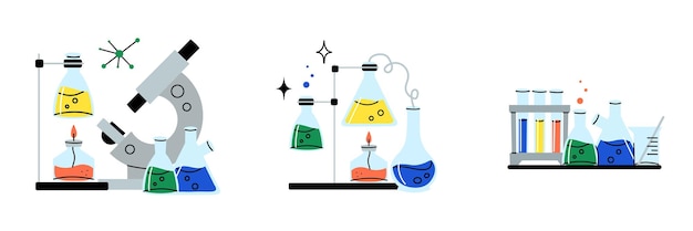Equipamiento de laboratorio artículos de vidrio de laboratorio reactivos químicos en botellas de vidrio y tubos y frascos de descanso herramientas de investigación científica médica dibujos de Doodle ilustraciones aisladas planas de dibujos animados vectoriales