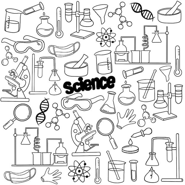 Equipamiento de laboratorio en estilo doodle delineado en blanco y negro, dibujo infantil a mano de química