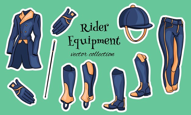 Equipar al jinete un conjunto de ropa para un jockey botas pantalones pedjak látigo casco en estilo de dibujos animados. Colección de ilustraciones para diseño y decoración.