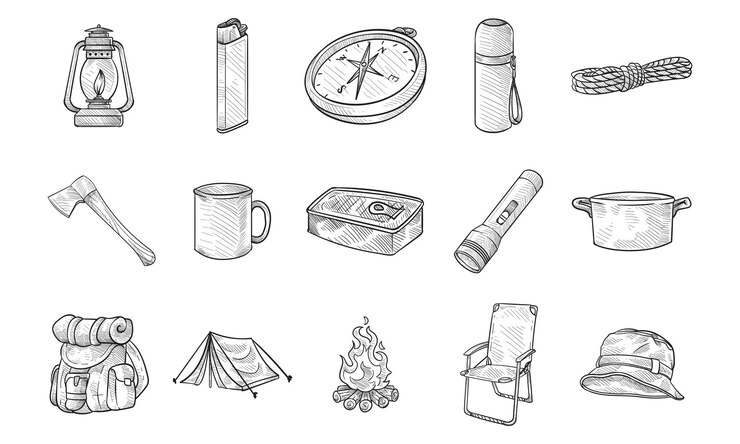 Vector equipo de acampada colección dibujada a mano