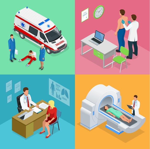 Equipo de ambulancia de paramédicos isométricos con coche de ambulancia. Médico varón examinando a un paciente con un estetoscopio en el hospital. Imágenes por resonancia magnética IRM del cuerpo. Concepto de diagnóstico de medicina.