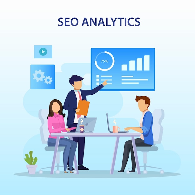 Equipo de análisis de seo clasificación de motores de búsqueda éxito de seo optimización de seo vector plano