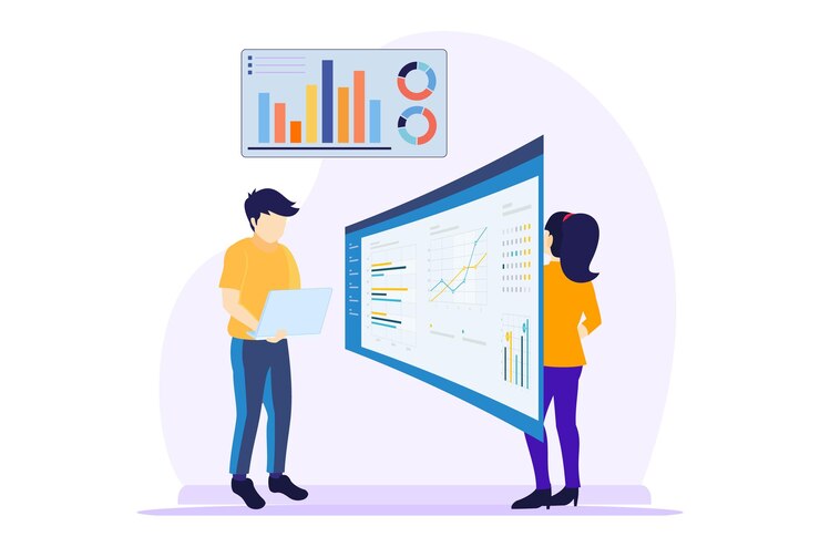 Vector equipo analizando ventas y estadísticas y haciendo informe ilustración vectorial