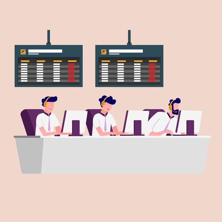 Vector equipo de asistentes con auriculares sentados en mesas con monitores avión de servicio de centro de llamadas billete de programación ilustraciones de vectores planos de línea directa