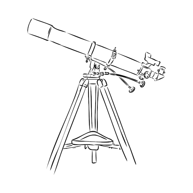 Equipo de astrónomo Telescopio Monocromo Vector. Telescopio de pie para explorar y observar la galaxia y el cosmos. Dispositivo óptico de descubrimiento diseñado en estilo retro Ilustración en blanco y negro