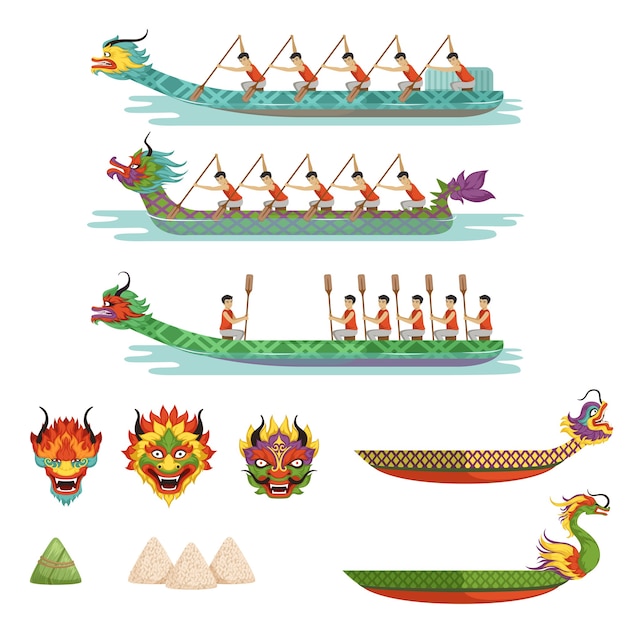 Equipo de atletas masculinos compiten en dragon boat festival ilustraciones sobre un fondo blanco.