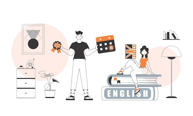 El equipo ayuda a enseñar inglés El concepto de aprender un idioma extranjero Estilo lineal