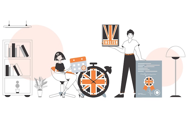 El equipo ayuda a enseñar inglés. El concepto de aprender un idioma extranjero. Estilo moderno lineal.