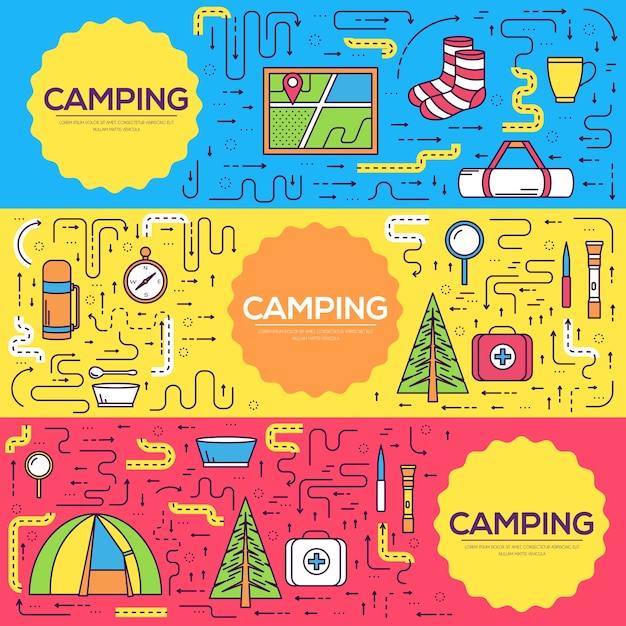 Vector equipo de camping establece plantilla de infografías de círculo. iconos para las aplicaciones móviles de su producto.