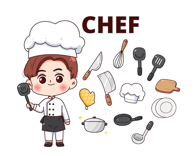 Equipo de chef cocina restaurante cocinero concepto de personaje dibujos animados dibujados a mano ilustración de arte de dibujos animados