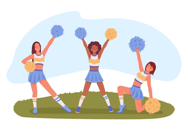 Equipo de chicas bailando en el campo de fútbol alegres porristas disfrazadas bailando juntas en el campo de fútbol con pompones en las manos ilustración vectorial