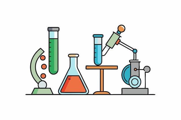 Equipo de ciencia Tubos de ensayo Copas y microscopio Ilustración vectorial Clipart de dibujos animados