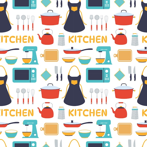 Equipo de cocina Diseño de patrones sin fisuras Ilustración en plantilla de dibujos animados plana dibujada a mano