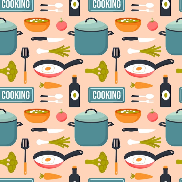 Equipo de cocina Diseño de patrones sin fisuras Ilustración en plantilla de dibujos animados plana dibujada a mano
