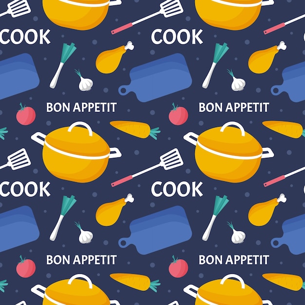 Vector equipo de cocina diseño de patrones sin fisuras ilustración en plantilla de dibujos animados plana dibujada a mano