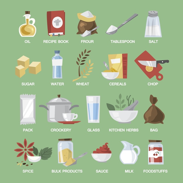 Equipo de cocina y set de comida. Recopilación de elementos de cocción y comida. Cuchillo y cuchara. Ilustración vectorial plana