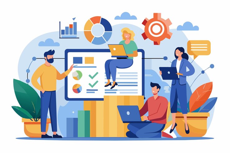 Vector un equipo colabora en el análisis y la preparación del proyecto utilizando tecnología y herramientas de datos visuales análisis de preparación del proyecto empresarial ilustración plana