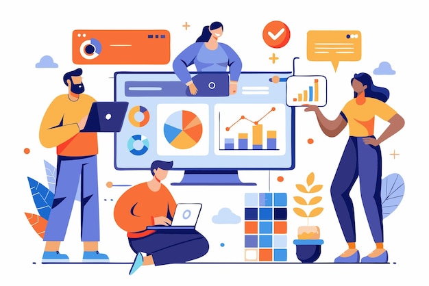 Equipo colaborando en una computadora portátil y un monitor que muestra varios gráficos y gráficos para el análisis de datos