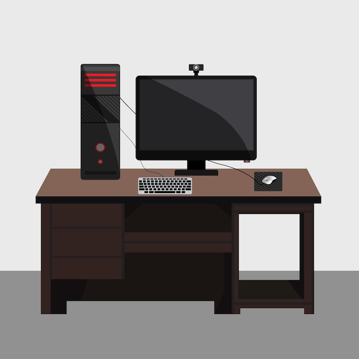 Vector el equipo de computadora en la mesa monitor vectorial pc ratón teclado mesa de computadora diseño vectorial
