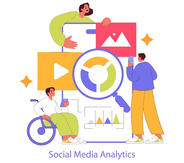 El equipo de concepto de estrategia digital analiza las métricas para la evaluación y construcción efectiva de la presencia en línea