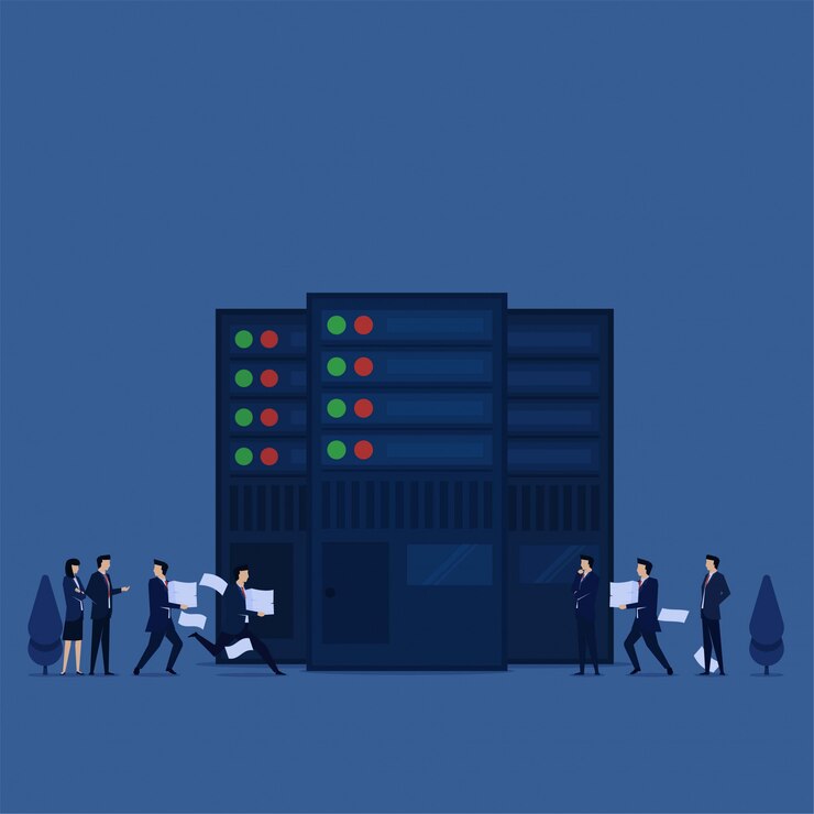 Vector el equipo de concepto plano de negocios trae documentos a la metáfora del centro de datos de la recopilación de grandes datos
