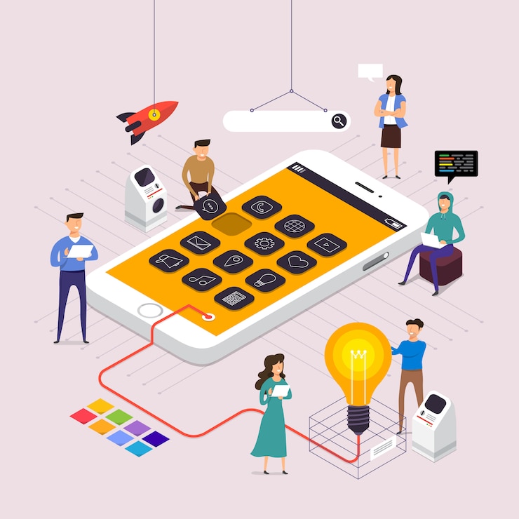 Vector equipo conceptual que trabaja para crear aplicaciones en dispositivos móviles. ilustrar.