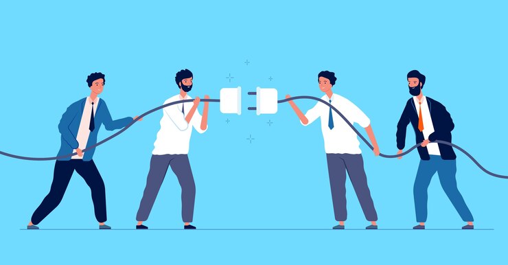 Vector equipo conectado enchufe. gente de negocios conectando diferentes conectores concepto de cooperación de gerentes de equipo. conecte el cable de la estrategia, el éxito del trato juntos ilustración