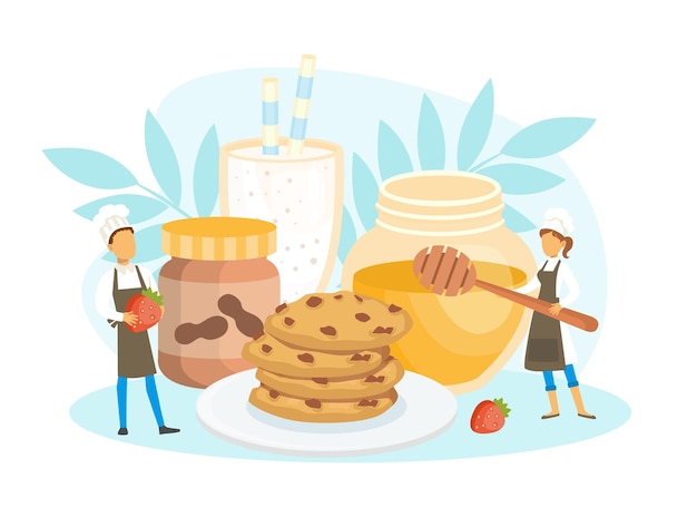 Vector equipo de confiteros decorando galletas con miel y fresa personas pequeñas en uniforme y gorra cocinando en ilustración vectorial de cocina