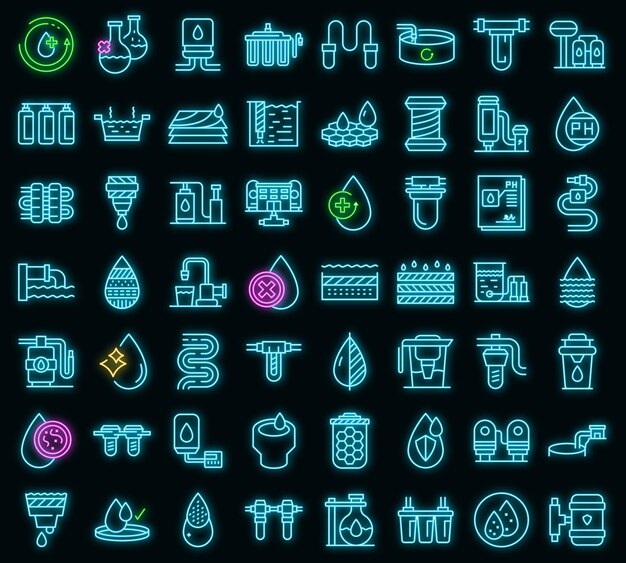Equipo para conjunto de iconos de purificación de agua. Esquema conjunto de equipos para los iconos de vector de purificación de agua color neón en negro