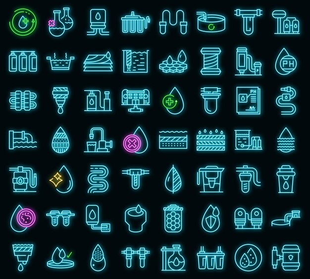 Equipo para conjunto de iconos de purificación de agua. esquema conjunto de equipos para los iconos de vector de purificación de agua color neón en negro