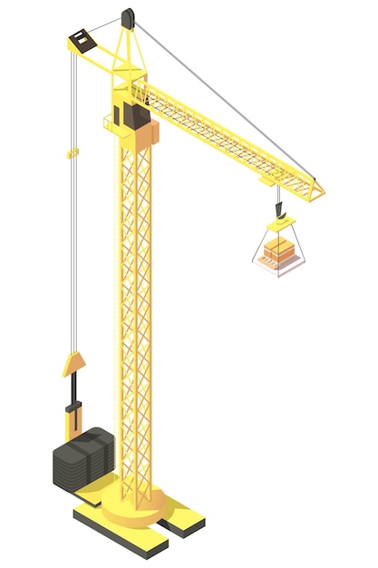 Vector equipo de construcción de grúas de elevación alta amarillas maquinaria industrial gancho de construcción desarrollo de ingeniería de negocios aislado en fondo blanco ilustración vectorial isométrica