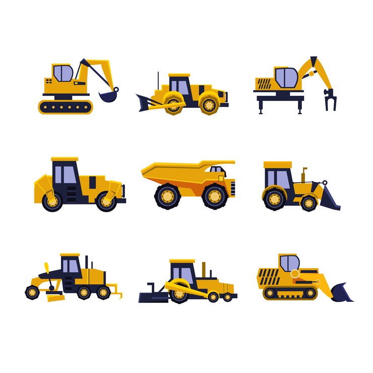 Vector equipo de construcción juego de rodillos, excavadoras, excavadoras y tractores