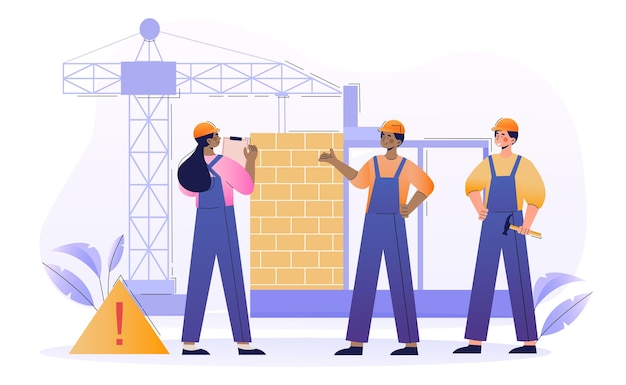 Vector un equipo de constructores masculinos y femeninos está trabajando en el sitio de construcción ingeniera arquitecta femenina