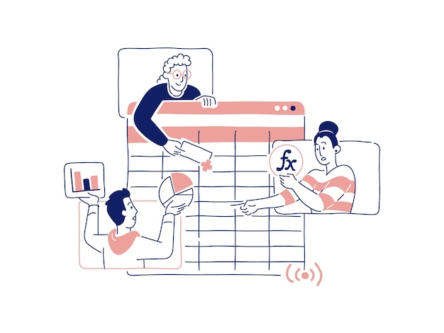 Un equipo coopera en el trabajo en la ilustración vectorial dibujada a mano del documento en línea
