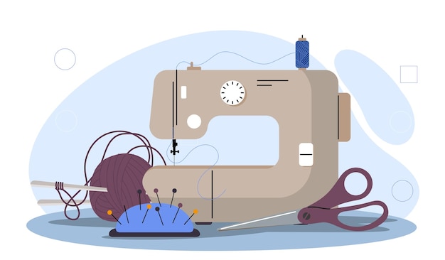Equipo de costura concepto cojín de alfiler y máquina de coser costurera y equipo de costura hecho a mano