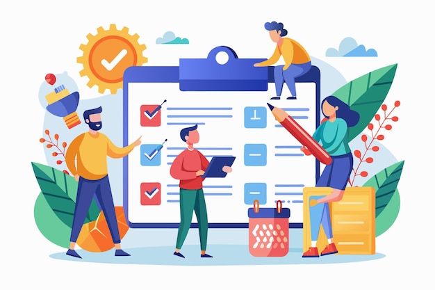 Un equipo de cuatro personas está trabajando juntos para completar una lista de comprobación. Están marcando los elementos de la lista y usando un lápiz y un bloc de notas para hacer un seguimiento de su progreso.