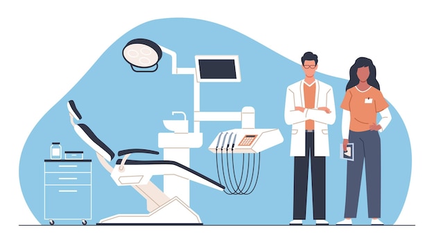 Equipo de dentistas Silla dental vacía Médicos profesionales Personas invitación de chequeo de medicina Equipo de oficina clínica Hombre y mujer de oficina en uniforme