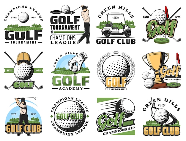 Equipo de deporte de juego de golf e iconos de copa de trofeo
